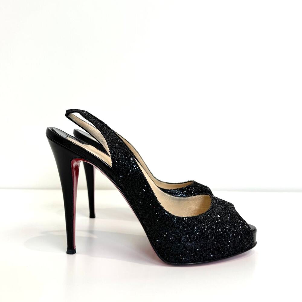 CHRISTIAN LOUBOUTIN Prive 120 Black Glitter Slingback Peep Toe Pumps